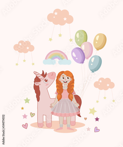 Redheaded girl with unicorn, rainbow and stars in pink shades. Children's poster, greeting card, sticker. Vector illustration.
