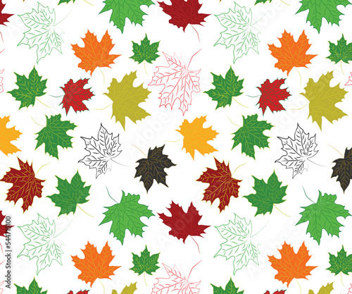 Colorful leaves vector repeat pattern with white background
