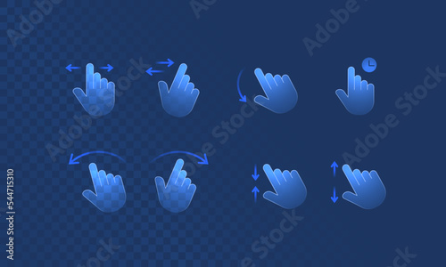 Touch effect of hand gesture in digital futuristic style on transparent background. Neon icon of hand movement on the touch screen. Vector illustration of swipe here icon in neon light effect.