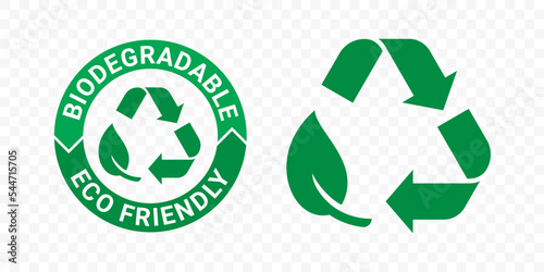 Biodegradable recyclable icons, organic bio package vector leaf and arrow label. Plastic free, eco safe recyclable and bio degradable package stamps photo