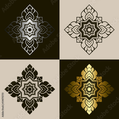 Traditional Thai art pattern set. Prajam Yam. Solid dark brown and line art decorative design elements. Gradient gold and silver. Vector illustration. photo