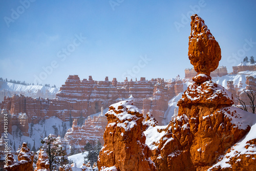 Print op canvas cold winter in bryce canyon national park, close-up on unique rock formations in
