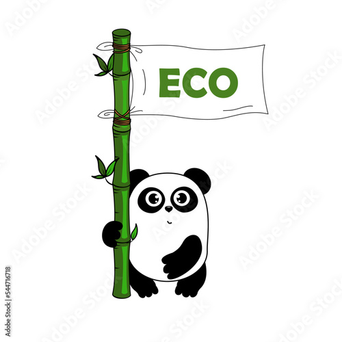Cute cartoon panda  with eco bamboo flag. Funny character for your design. Green energy concept. Panda protect. Ecology problems  environmental protection
