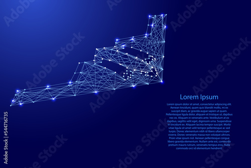 Aircraft, strategic stealth bomber from futuristic polygonal blue lines and glowing stars for banner, poster, greeting card. Low poly concept. Vector illustration.