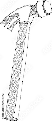 Hammer, tool for hammering nails, from abstract futuristic polygonal black lines and dots. Low poly concept. Vector illustration.