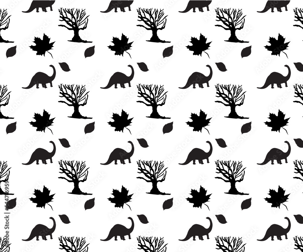 Silhouette vector repeat pattern with white background. Elements included tree stem, dinosaur and leaves.
