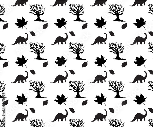 Silhouette vector repeat pattern with white background. Elements included tree stem, dinosaur and leaves. © snadiacreations