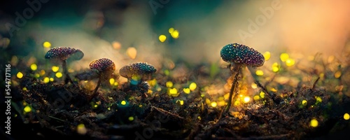 Macro Photography of Tiny Iridescent Coloured Mushro. AI generated art illustration. photo