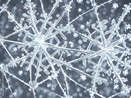 A single, frozen snowflake crystal sparkles in the light. Its delicate details are magnified by the closeup view. Ice coats the entire surface of the small flake, which is intricately veined and symme
