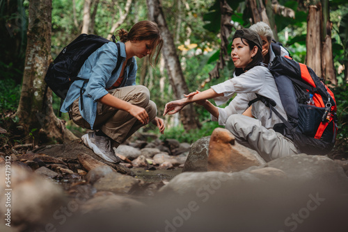 woman family or friends group trekking travel in adventure lifestyle, nature mountain hiking in vacation holiday with journey of holiday maker in happy leisure together in summer of backpacker trip