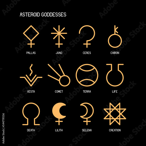 ASTEROID GODDESSES zodiac horoscope thin line label linear design esoteric stylized elements symbols signs. Vector illustration icons