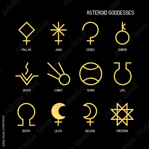 ASTEROID GODDESSES zodiac horoscope thin line label linear design esoteric stylized elements symbols signs. Vector illustration icons