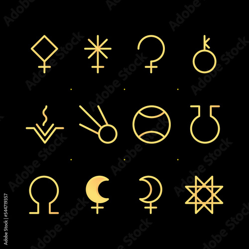ASTEROID GODDESSES zodiac horoscope thin line label linear design esoteric stylized elements symbols signs. Vector illustration icons