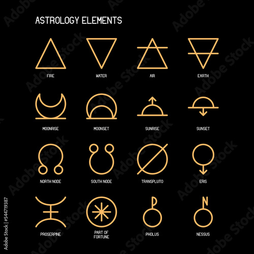 ASTROLOGY ELEMENTS zodiac horoscope thin line label linear design esoteric stylized elements symbols signs. Vector illustration icons photo