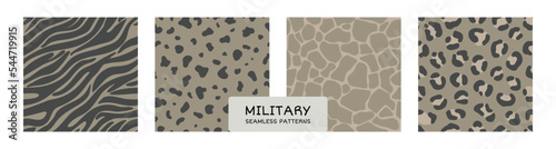 Set of khaki seamless patterns of military style. Abstract stripes and spots similar to the skin of animals. Flat vector backgrounds for textile, paper.