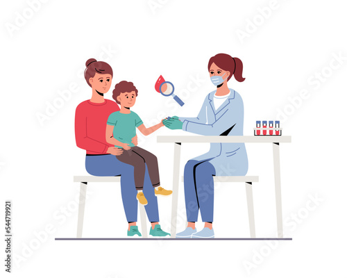 Doctor woman collecting and drawing capillar blood from finger for lab test. Little boy sitting on her mother lap. Nurse doing sampling from kid for medical health analysis. Flat vector illustration