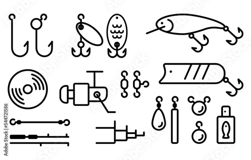 Vector icons set of spinning fishing lures and equipment. 