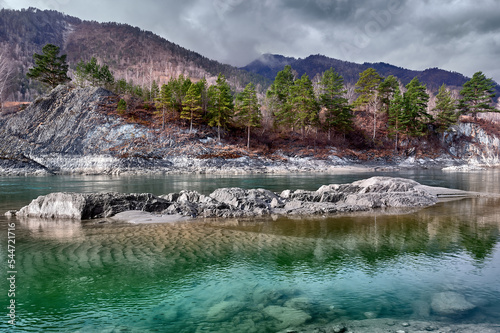 Landscape. Beauty of the Mountain Altai. Mountain river in the autumn.