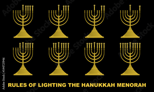 Hanukkah Menorah rules of lighting step by step. Hanukkiah line icon set. Jewish Religion Holiday for family. Candleholder silhouette isolated black background. Vector illustration