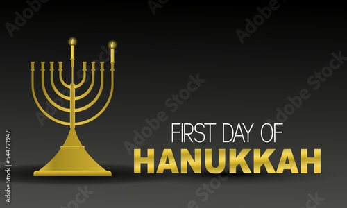 Jewish the first day holiday Hanukkah background, realistic menorah (traditional candelabra), burning candles, blur effect. Religious holiday art, Happy Hanukkah Vector illustration