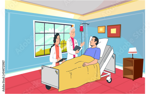 Doctor asking to the patient about his health in the hospital ward. Flat vector illustration.