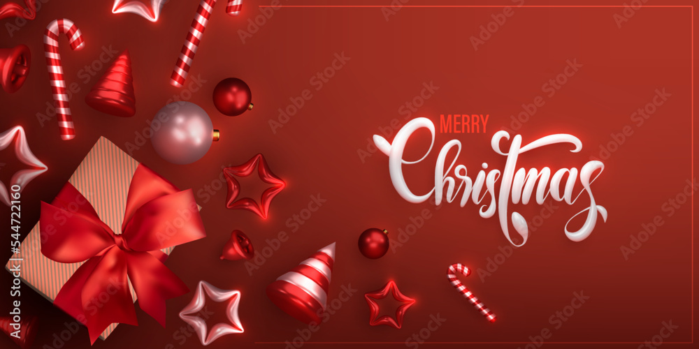 Naklejka premium merry Christmas banner. Flat lay red monochrome design of realistic christmas bell, balls, star and gift box for greeting cards 