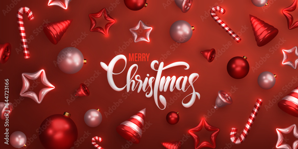 merry Christmas banner. Flat lay red monochrome design of realistic christmas bell, balls, star and tree for greeting cards
merry Christmas banner. Flat lay red monochrome design of realistic christmas bell, balls, star and tree for greeting cards