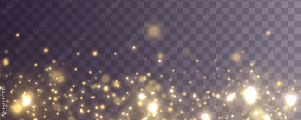 Bokeh lights yellow sparkle, blur gold dust sparks. Defocused golden particles glittery. Blurred bokeh background. Golden stars shine with special light effect. Christmas concept. Vector illustration. - obrazy, fototapety, plakaty 
