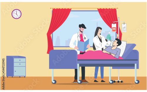 Doctor reading report and nurse preparing a medical syringe for giving injection to patient in the hospital ward. Flat vector illustration.