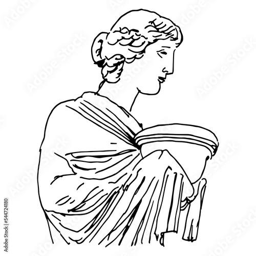 Antique female sculpture from Coburg. Beautiful lady or goddess holding vessel. Hand drawn linear doodle rough sketch. Black silhouette on white background.