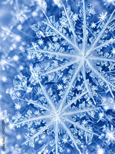 I am looking at a closeup of a snowflake crystal. It is intricate and beautiful, with many delicate points. photo