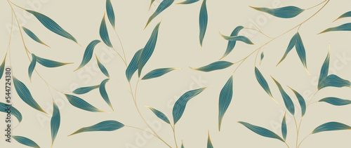 Abstract luxury art background with hand drawn tree leaves in gold line art style. Botanical banner for decoration design, print, textile, wallpaper, interior design, packaging.