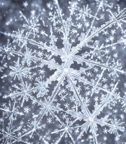 A single, delicate snowflake rests on a black background. The sides of the flake are curved and come to sharp points. Its surface is covered in small bumps and indentations. In the center of the flake