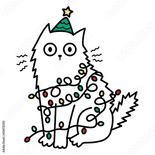 Funny cat with colorful Christmas garland. Doodle cartoon style. Hand drawn kitten. New year greeting card. Vector illustration.