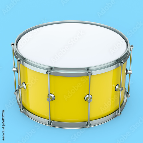 Realistic drum on blue background. 3d render concept of musical instrument