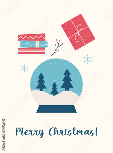 Winter hugge xmas background with gifts, trees, christmas hugge elements, editable vector illustration for christmas invitation, postcard and website banner, greeting cards with xmas decoration