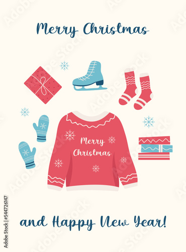 Winter hugge xmas background with gifts, trees, christmas hugge elements, editable vector illustration for christmas invitation, postcard and website banner, greeting cards with xmas decoration