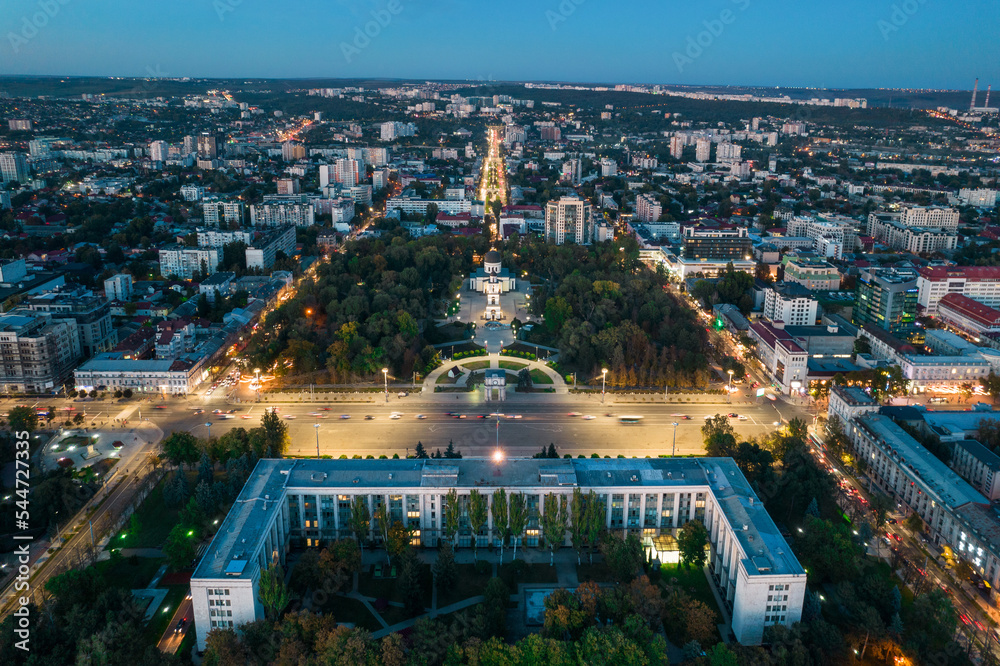 Aerial drone view of Chisinau downtown at evening, Moldova