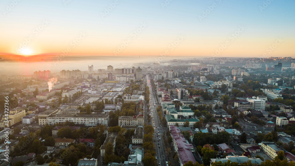 Aerial drone view of Chisinau at sunrise, Moldova
