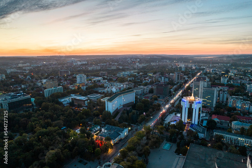 Aerial drone view of Chisinau at evening, Moldova