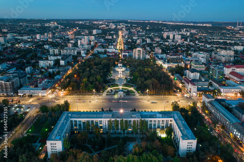 Obraz na płótnie Aerial drone view of Chisinau downtown at evening, Moldova w salonie
