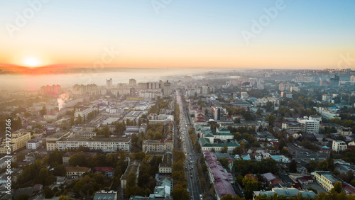 Aerial drone view of Chisinau at sunrise, Moldova