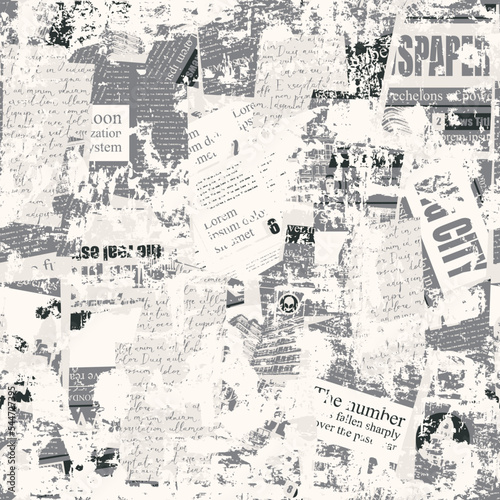 Abstract seamless pattern with scuffed collage of newspaper or magazine clippings. Vector background in grunge style with titles, illustrations and imitation of text.