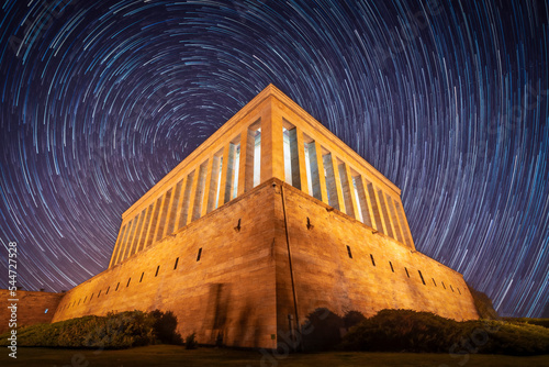 Low view of anitkabir with a star trails, monumental stone grave building of Mustafa Kemal Ataturk photo