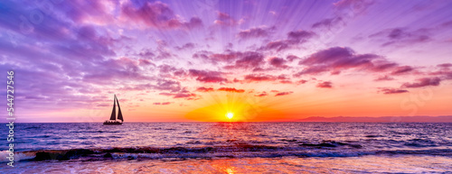 Canvas Print Sunset Ocean Sailboat Uplifting inspirational Sunrise Vacation Banner