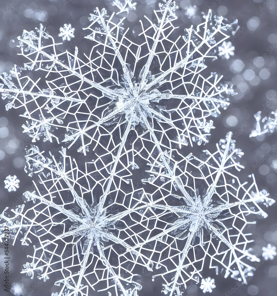 A closeup of a snowflake reveals its intricate crystal structure. Every edge is perfectly straight and lined with smaller crystals. The center of the flake is hollow, giving it a fragile appearance.