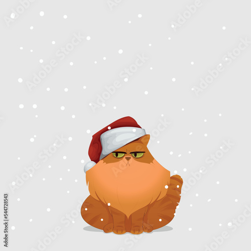 Vector illustration with a fat red disgruntled cat in a Santa Claus hat and snow 