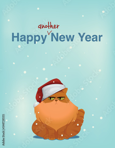 Vector postcard humorous New Year's greeting with a fat red disgruntled cat in a Santa Claus hat