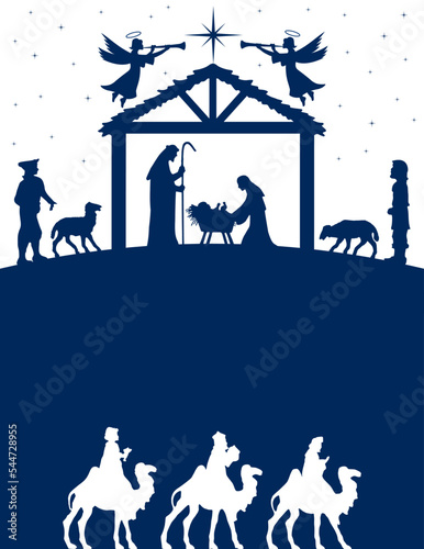 Christmas Nativity scene greeting card illustration. Blue silhouettes isolated on white background. Vector EPS10.