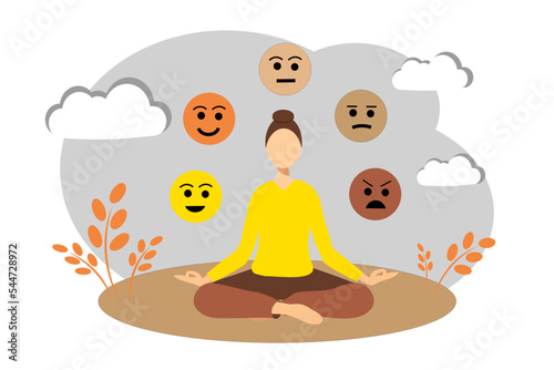 A woman in a yellow sweater sits in the lotus position and meditates. Different emotions of women. Mental health